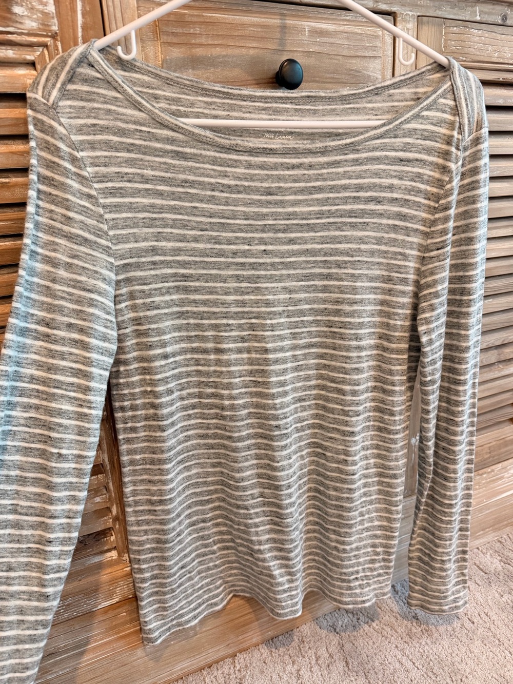 J. Crew 100% Linen Gray & White Striped Boat Neck Top (Size Small)